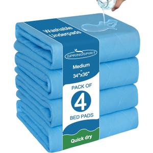 Bed Pads Washable Waterproof 34'' x 36'' (Pack of 4), Reusable Incontinence Underpads for Adults, Washable Pee Pads, Great for Dogs, Cats, Bunny, Seniors Bed Pad, Blue