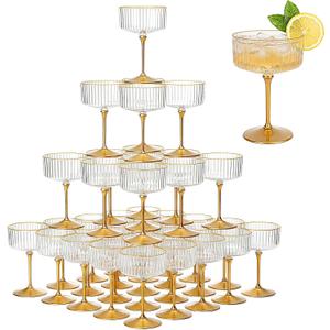36PCS Plastic Ribbed Martini Glasses, 10oz Disposable Champagne Coupe Glasses with Golden Rim and Stem, Detachable Creative Transparent Striped Vintage Cups Reusable for Wedding Party Supplies