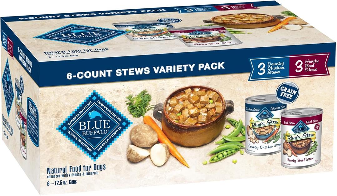 Blue Buffalo Blue's Stew Natural Wet Dog Food, Made with Natural Ingredients, Hearty Beef and Country Chicken Variety Pack, 12.5-oz Cans, 6 Count (EXP 01/09/28)