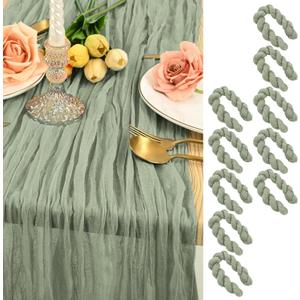 10 Pack Sage Green Cheesecloth Table Runner 12FT, Gauze Table Runner Semi-Sheer 35*142 inch Boho or Rustic Table Decoration, Romatic Wedding Table Runner or Arch Draping for Bridal Shower Banquet