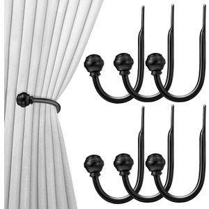 Hion Curtain Holdbacks Black 6pcs, Curtain Tiebacks Wall Mounted Curtain Hooks Holders for Drapes
