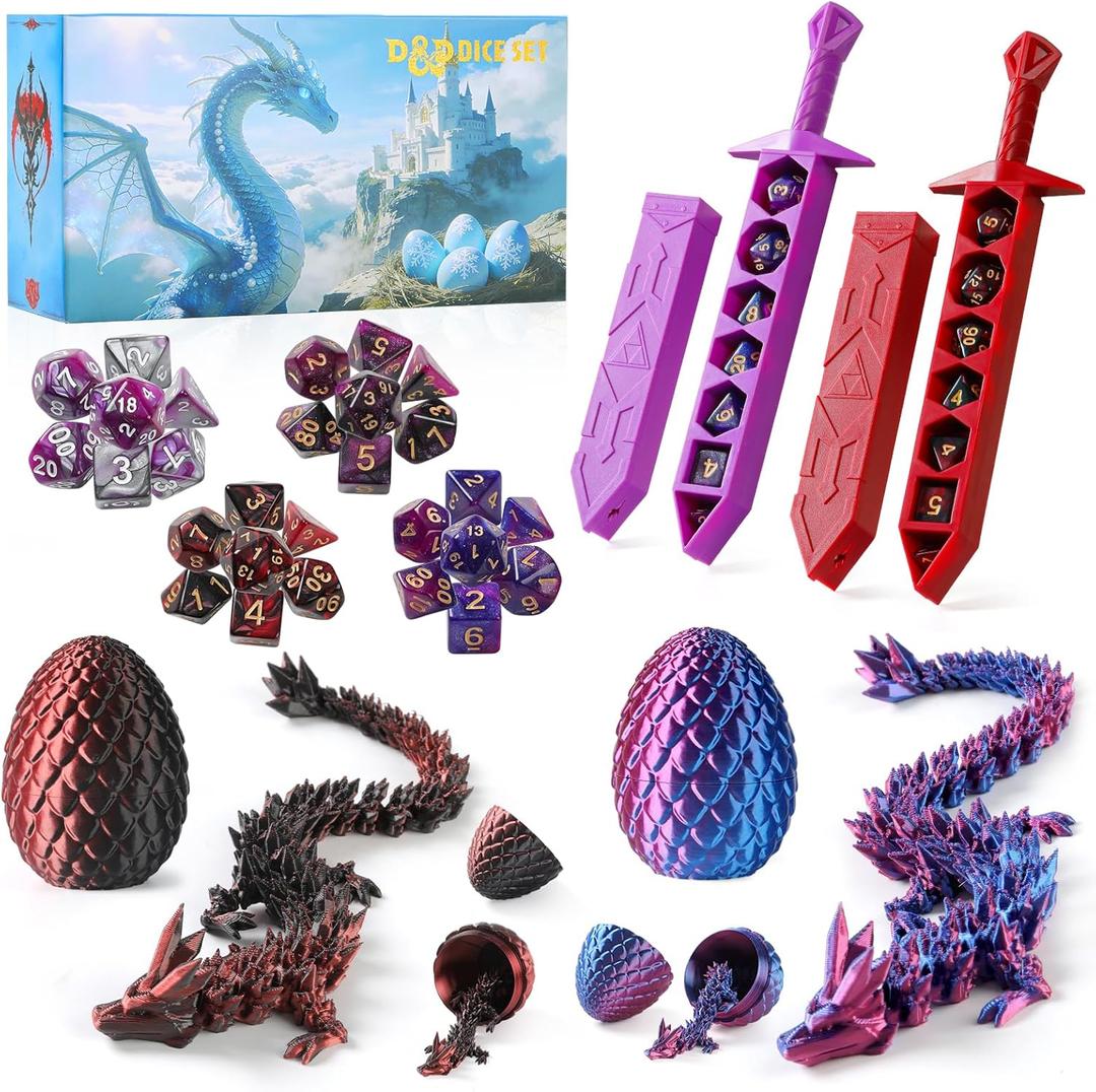 DND Dice Set and 3D Printed Dragon Eggs with Dragon Inside, Easter Basket Stuffers,Fidget Toys,Surprise Dragon Egg and Polyhedral Dice Set with Gift Box Suitable for Dungeons and Dragons RPG (Peach Red)