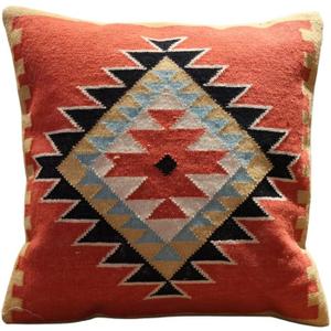 Handmade 100% Wool Kilim Pillow Cover  18x18 Inches, Durable Indian Cushion Case, Premium New Zealand Wool for Home Decor (Orange, Pack of 1)