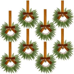 Dingion 8 Pcs 9.8" Small Christmas Cabinets Wreaths Mini Wreaths for Kitchen Window Chair Backs with Ribbon Bell Artificial Greenery for Farmhouse Holiday Decoration(Velvet,Classic,Brown)