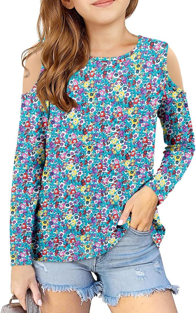 storeofbaby Girls Casual Cold Shoulder Shirts Long Sleeve Crewneck Tops Loose Fit Blouses 5-14 Years (B Blue Purple)