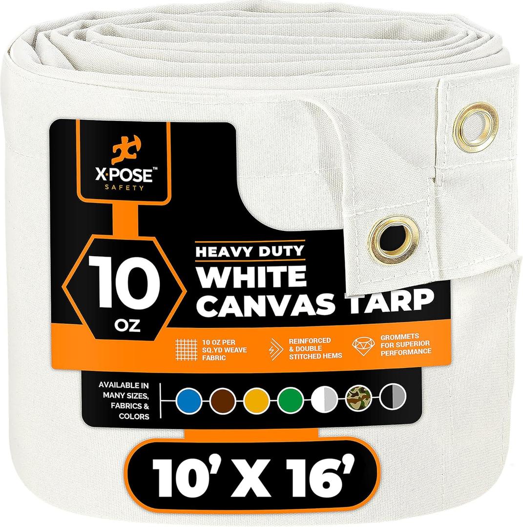 Xpose Safety Canvas Tarp - 10oz White Canvas Tarps Heavy Duty Water Resistant with Brass Grommets- Multipurpose Outdoor Tarpaulin for Camping, Canopy, Trailer, Equipment Cover 10' x 16'