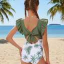 Girls Swimsuits One Piece Floral Ruffle Bathing Suits for Teens Removable Bra Hawaii Floral Prints Girls Swimwear 9-10Y Green