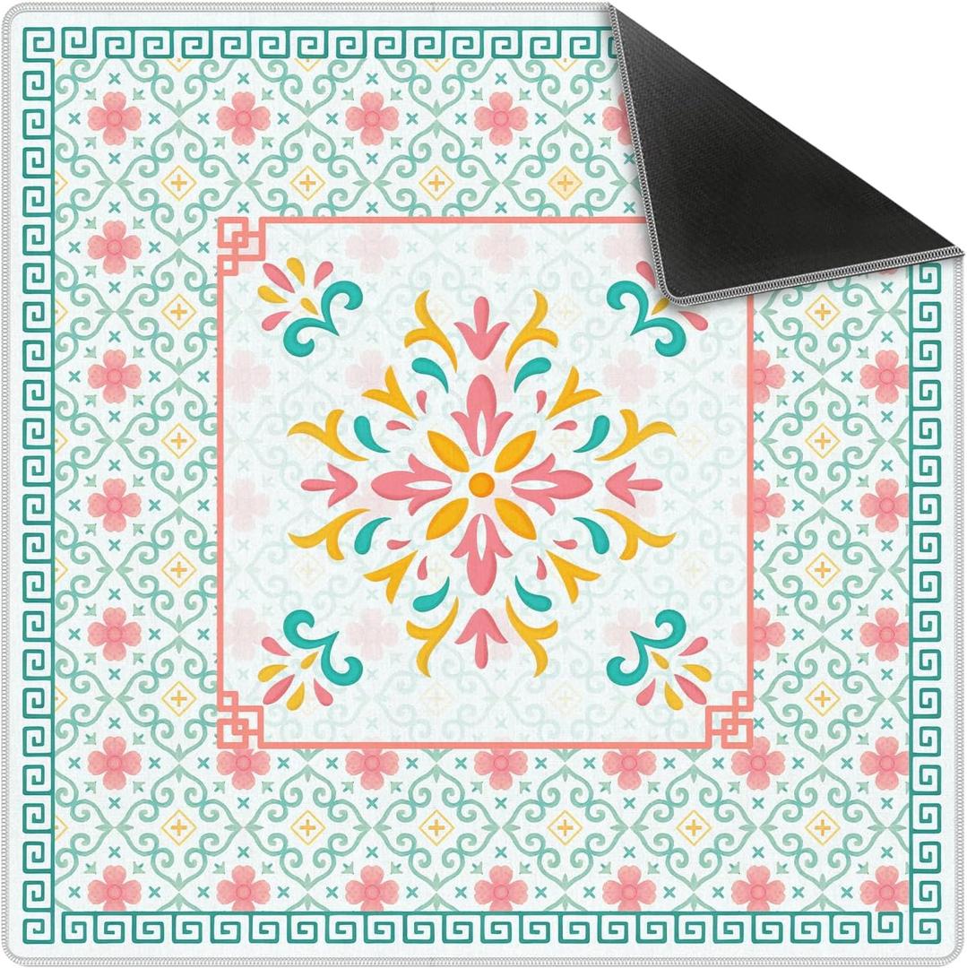 Turquoise Pink Chinoiserie Floral Mahjong Mat 31.5 x 31.5 in, Abstract Art Chinese Non-Slip Noise Reduction Gaming Mat for Table American Mahjong Poker Board Games Card Games Dominoes