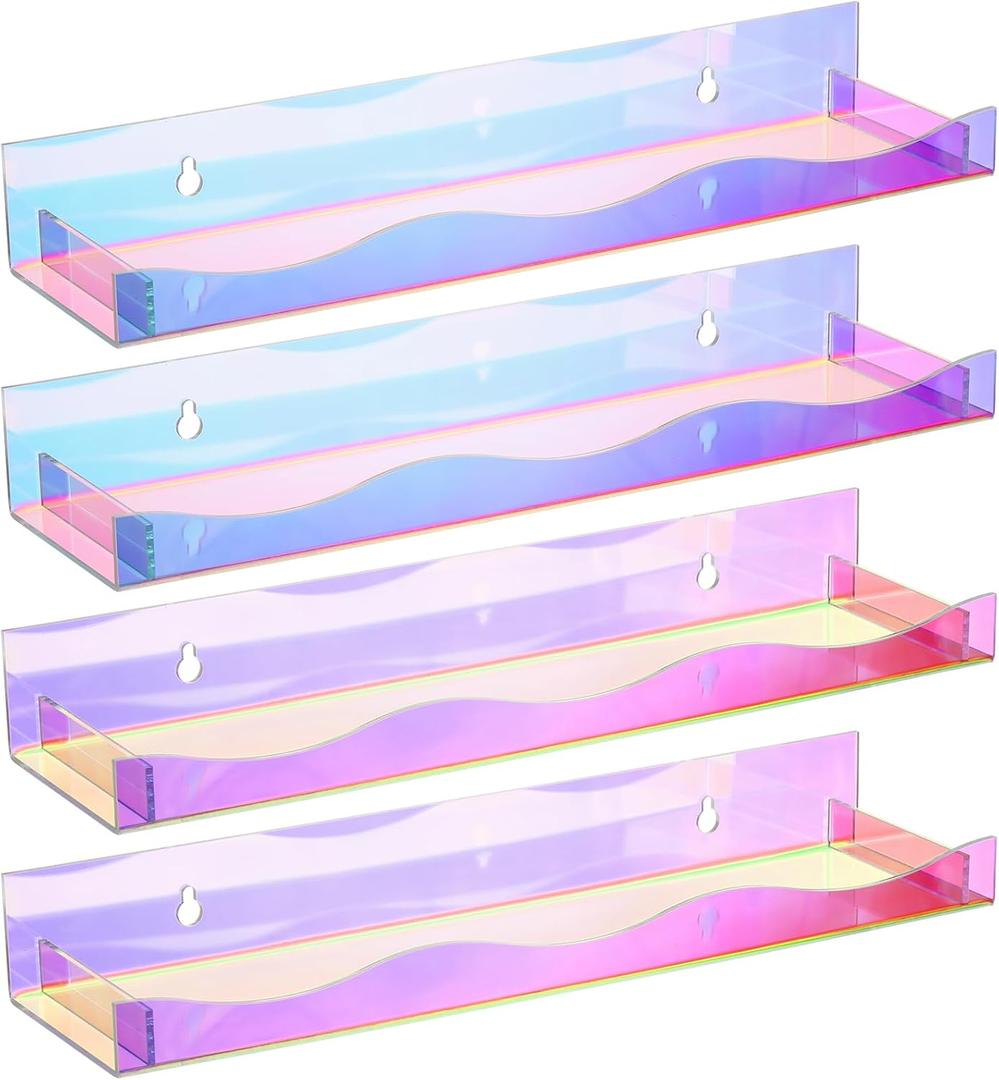 Hiceeden 4 Pack 15" Iridescent Acrylic Floating Shelves, Wall Mounted Floating Bookshelf Organizer for Room, Clear Nail Polish Sunglasses Display Shelf for Picture Ledge, Book, Funko Pop