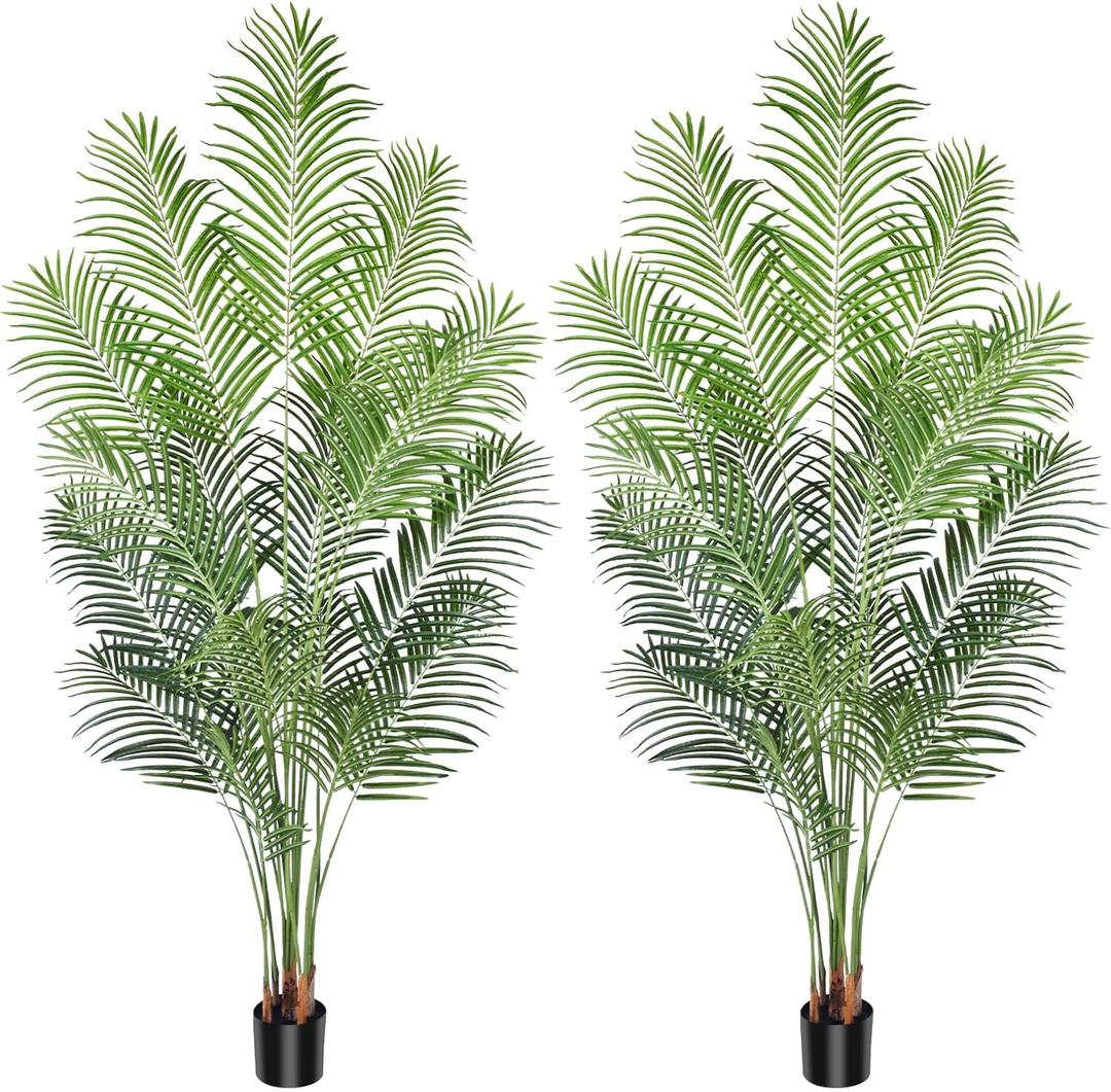 Artificial Palm Tree 7ft Tall Fake Palm Tree Indoor Decor with 18 Leaves and Real Bark Design Faux Tropical Areca Palm Silk Floor Plant in Pot for Home Office Living Room Bedroom Decor 2pcs