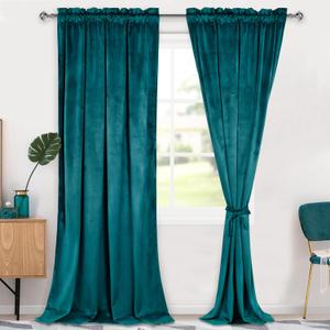 Hiasan Teal Velvet Curtains 96 inches-Blackout Thermal Insulated Solid Soft Curtains for Bedroom Living Room Rod Pocket Room Darkening 2 Panels Window Drapes with Tiebacks, 52W x 96L (52"W x 96"L (Pack of 2))
