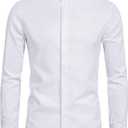 Mens Banded Collar(Mandarin Collar) Long Sleeve Casual Solid Fancy Dress Shirts (Medium, White)