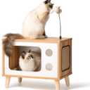Cat House Wooden Condo Cat Bed Indoor TV-Shaped Sturdy Large Luxury Cat Shelter Furniture with Cushion Cat Scratcher Bell Ball Toys