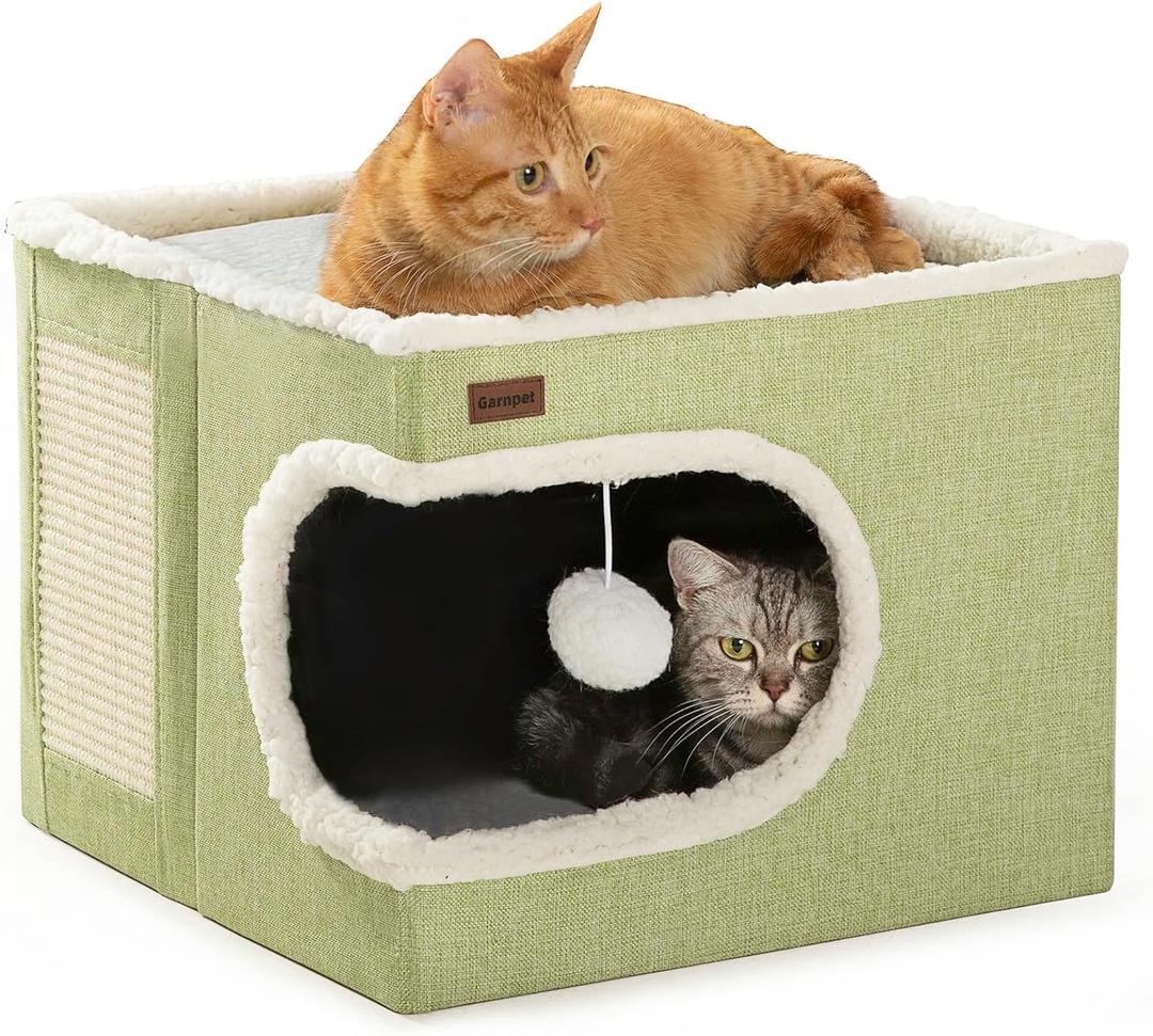 Garnpet Cat Bed for Indoor Cats Cube House, Covered Cat Cave Beds & Furniture with Scratch Pad and Hideaway Tent, Cute Modern Cat Condo for Multi Small Pet Large Kitten Kitty, Green (16.5"D x 16.5"W x 13"H)