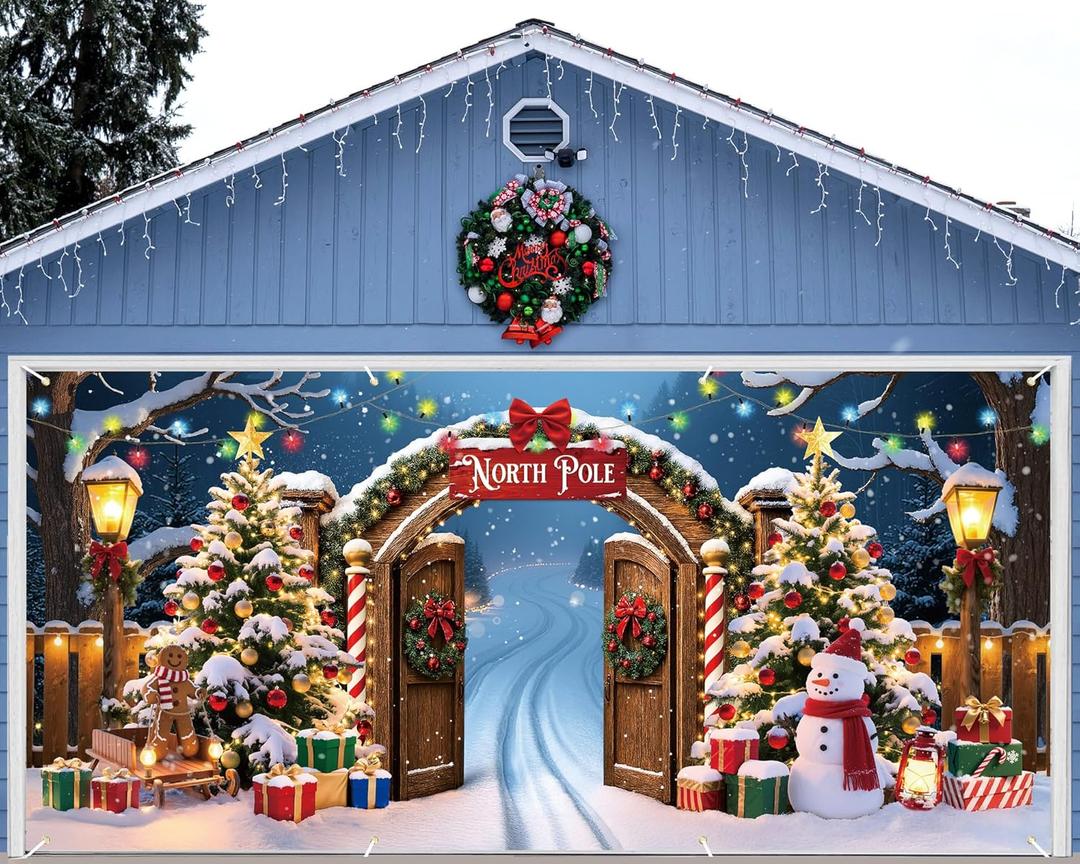 Christmas Door Banner Decoration 7 x 16 ft Magnetic Garage Door Covers Large Christmas Backdrop Decorations for Outdoor Indoor Xmas Party (the North Pole)