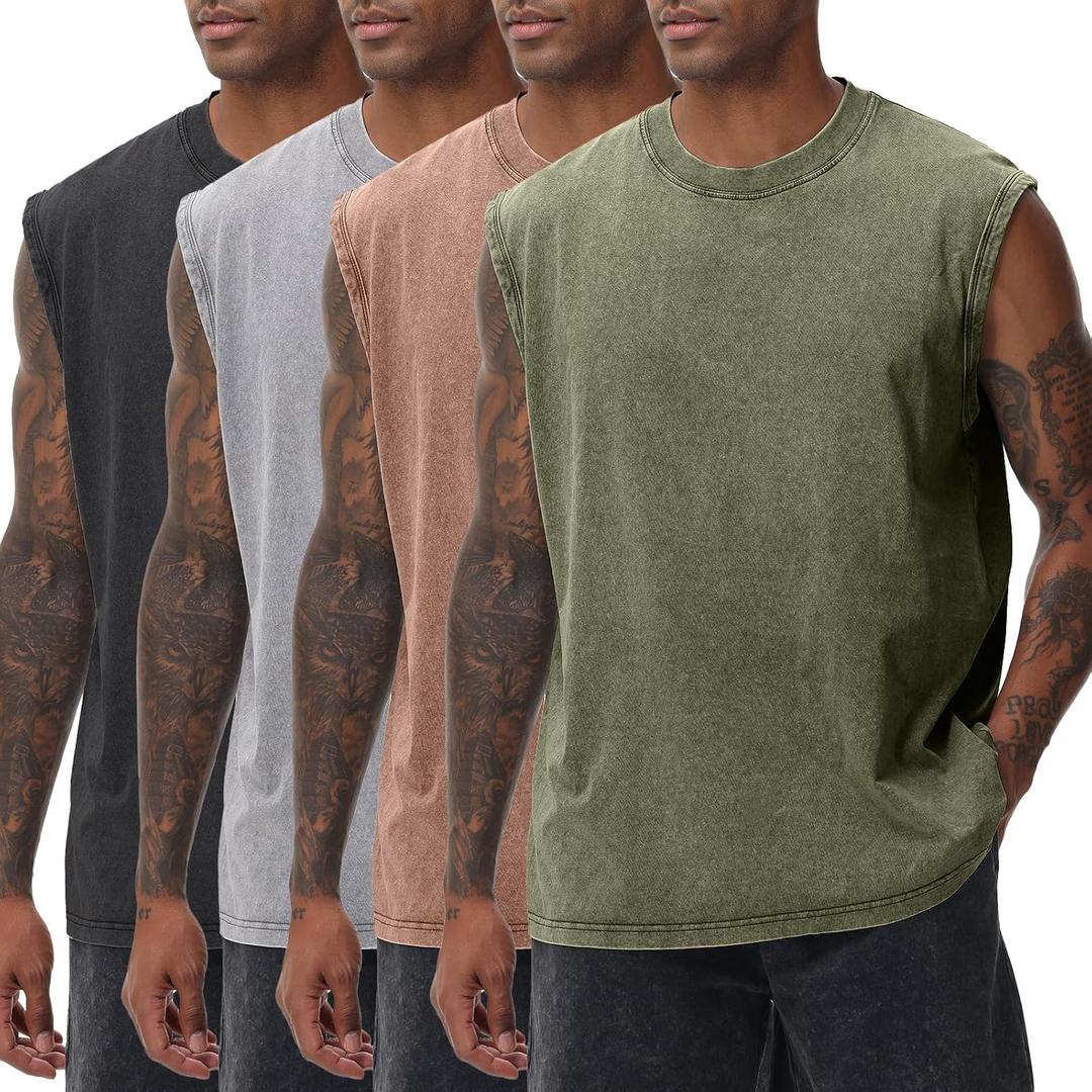 Mens Workout Tank Tops Sleeveless Tee Shirts Men Muscle Shirt Gym Acid Wash T Shirts Running Beach Loose Fit Tee (XL)