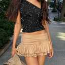 Women One Shoulder Top Ruched Mesh Crop Tank Slim Fit Shirt Glitter M