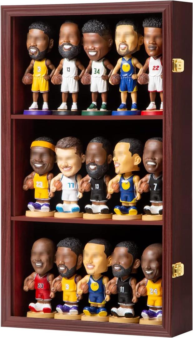 Bobblehead Display Case Action Figure Display Case Bobble Head Shadow Box Wall Cabinet for 15 Figurines Display with Lockable Anti Fade Uv Protection for Bobble Head, Action Toy Figures, Mahogany