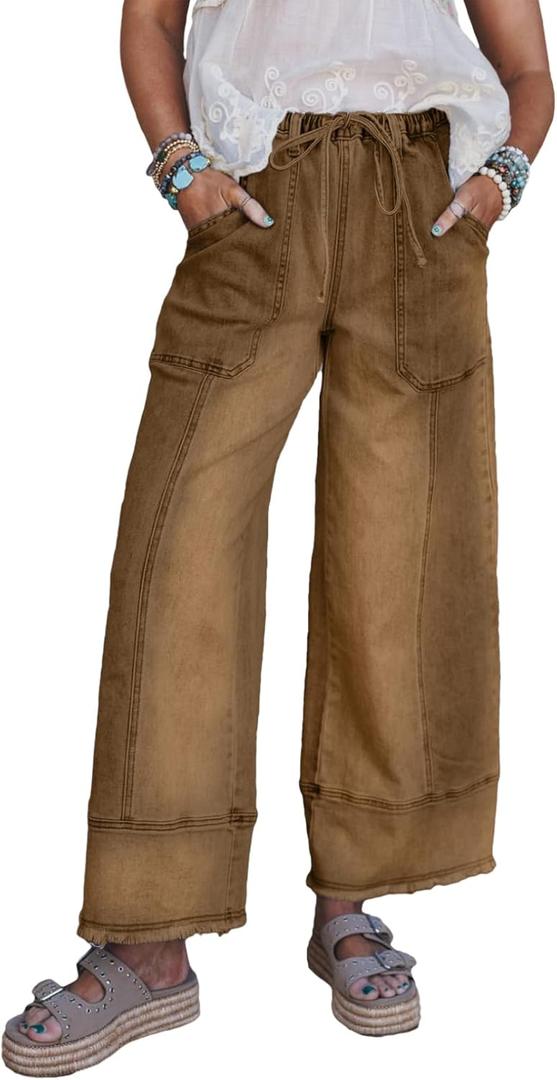 SHEWIN Women's Wide Leg Jeans High Waisted Baggy Jeans Stretchy Drawstring Denim Pants (8)