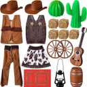 20 Pcs Christmas Elf Cowboy Costume Set for Kids Western Cowgirl Clothes Accessories Holiday Elf Outfits with Lantern Wheel Hay Bales Cactus Guitar for Xmas Party Decoration