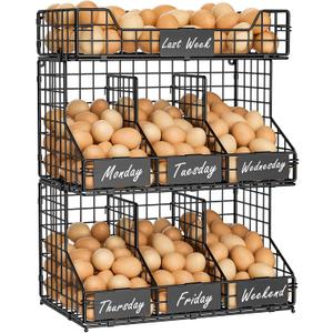 X-cosrack Egg Holder Countertop, 3 Tier Egg Rack with Labels Dividers to Separate Eggs, Stackable Wire Baskets for Fresh Egg, XXL Egg Dispenser for Countertop/Wall-Mounted (Patent Pending) (Black)