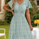 Kranda Women 2026 Summer V-Neck Casual Beach Sundress Empire Waist Short Flutter Sleeve Ruffle Floral Midi Dress with Pockets (Green, M)