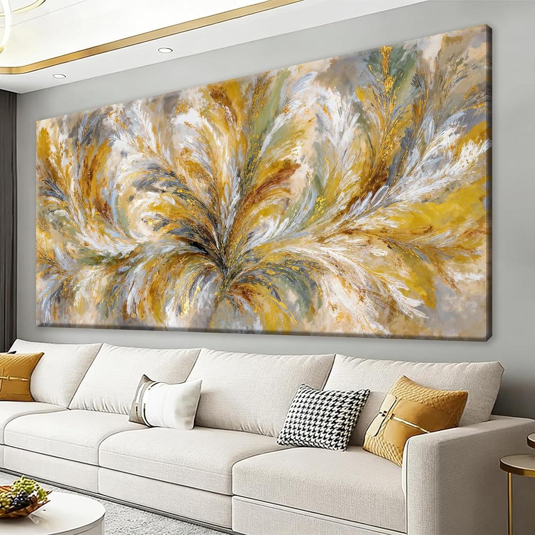 I@U Large Yellow White Wall Art Living Room Decor Modern Abstract Feather Wall Art Prints For Wall Decor Bedroom Office Kitchen Dining Room Canvas Print Modern Artwork For Walls 29x58 Inch