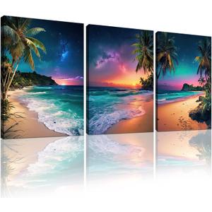 Weiyiart 3-Piece Tropical Beach Wall Art, Northern Lights Ocean Sunset Canvas Prints, Palm Tree Coastal Seascape Decor for Living Room Bedroom Bathroom Office, 12"x16" Set of 3