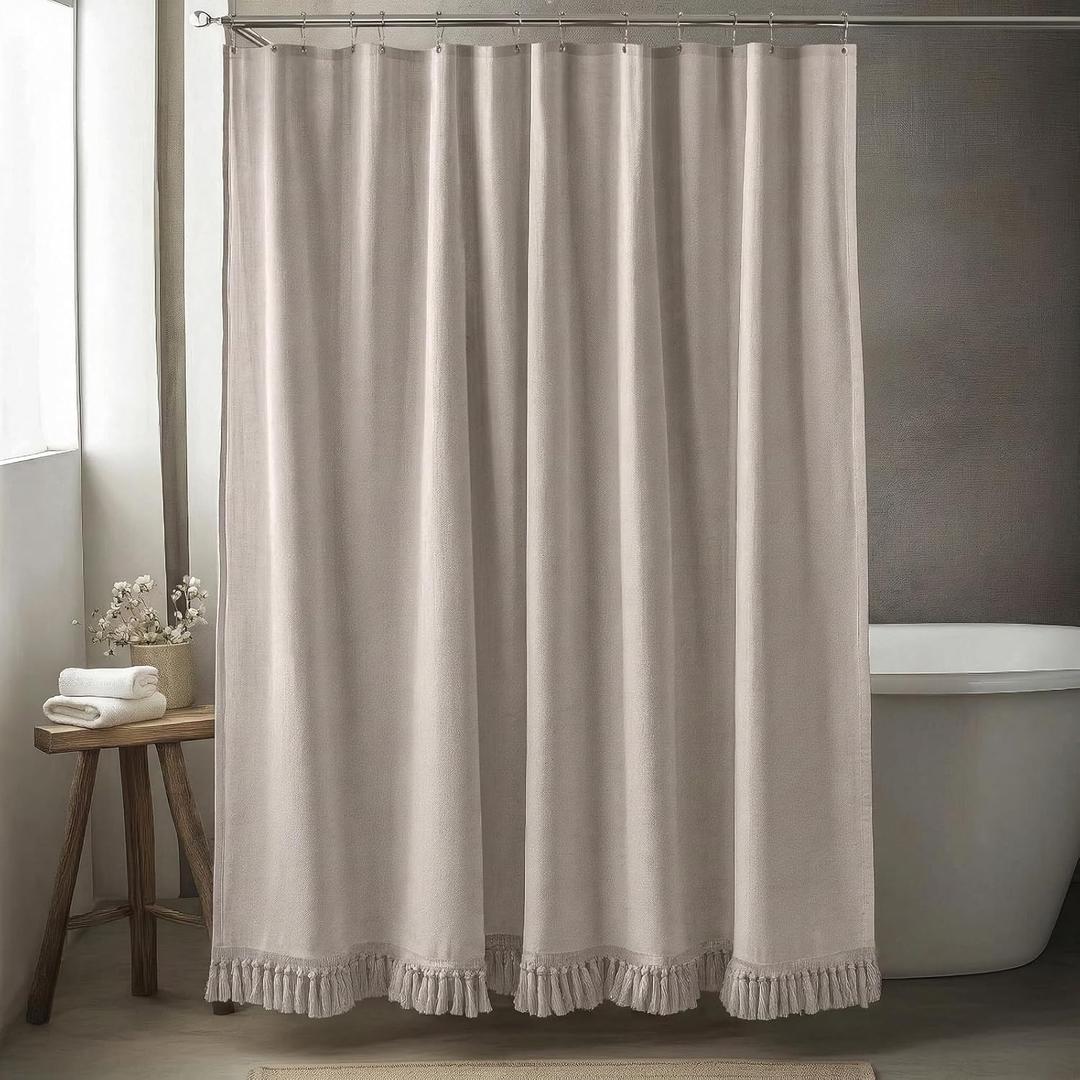 Taupe Shower Curtain Linen Shower Curtain with Tassels Boho Shower Curtains for Bathroom Rustic Farmhouse Shower Curtains Bath Decor (72"x72")