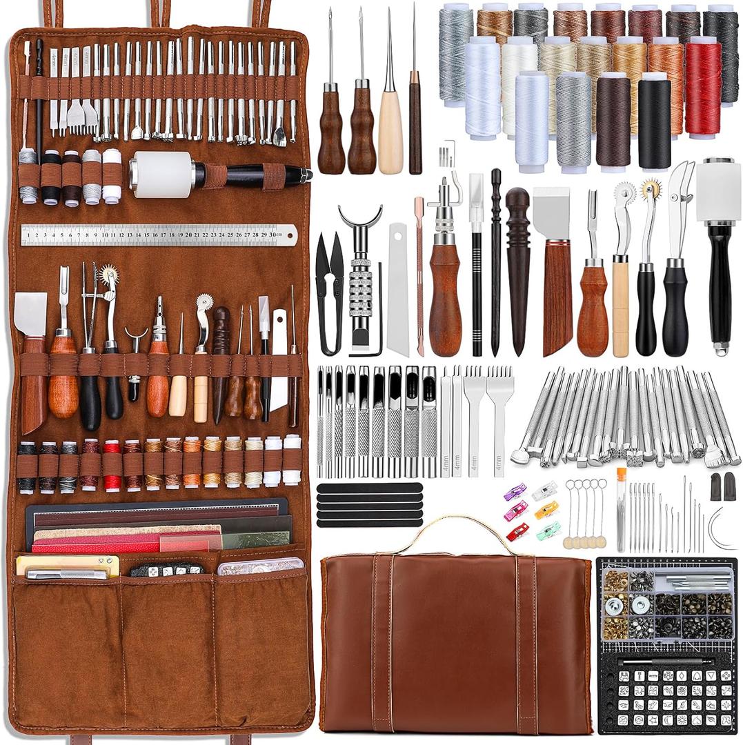 TLKKUE Leather Tooling Kit Leather Craft Tools Leatherworking Kit with Custom Handbag Cutting Mats Engraving Punching Sewing Stamping Sanding Tools for Handicraft Work Professional