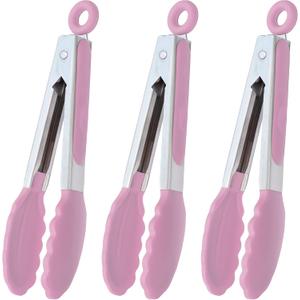Small Serving Tongs with Silicone Tips 7-Inch Mini Tongs, Set of 3 (Pink)