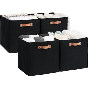 StorageWorks 13x13 Inches Storage Cube, Fabric Storage Bins with PU Handles, Collapsible Organizer Baskets for Closet, Black, 4-Pack