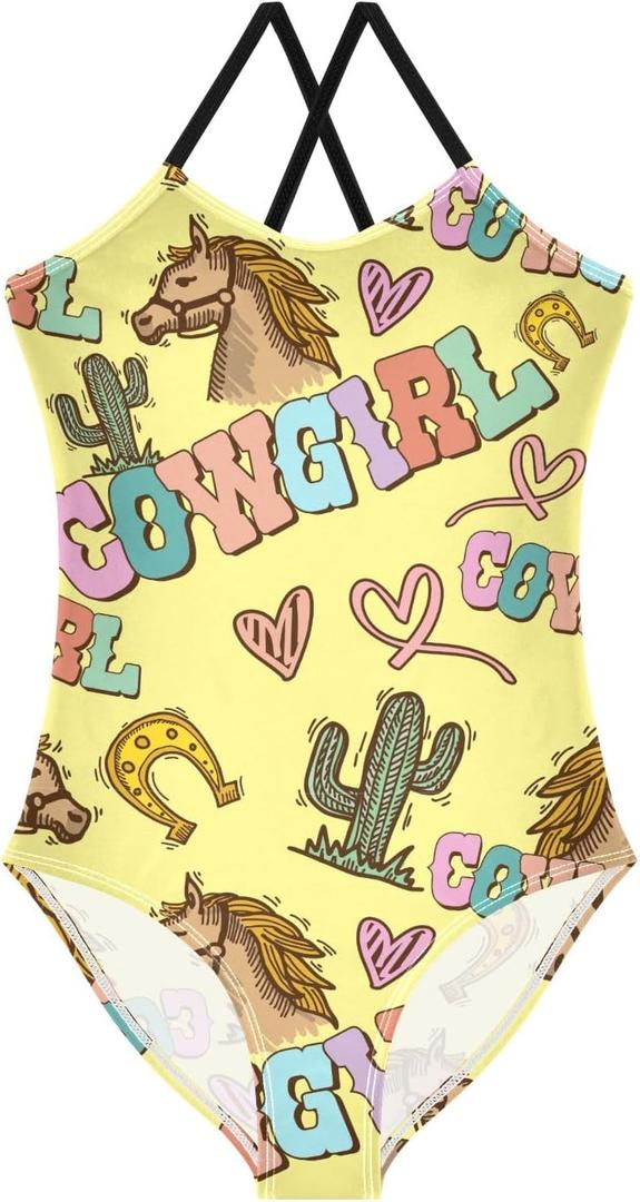 Girls Summer Swimwear Ice Cream Cartoon Duck Toddler Girls One-Piece Swimsuit 3-10T (5-6 Years, Fun Cowgirl Horse)