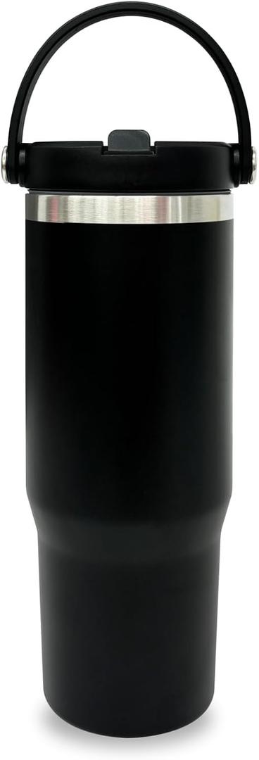 30 oz Tumbler with Top Handle, Double Wall Vacuum Insulated Tumbler with Flip Straw, Travel Coffee Mug 30oz Powder Coated Cup for Laser Engraving (Black,1 pack)