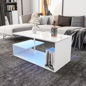 Hommpa 39.4 in. White Rectangle Particle Board Coffee Table with APP Controlled RGB LED Light and 2-Open Shelves