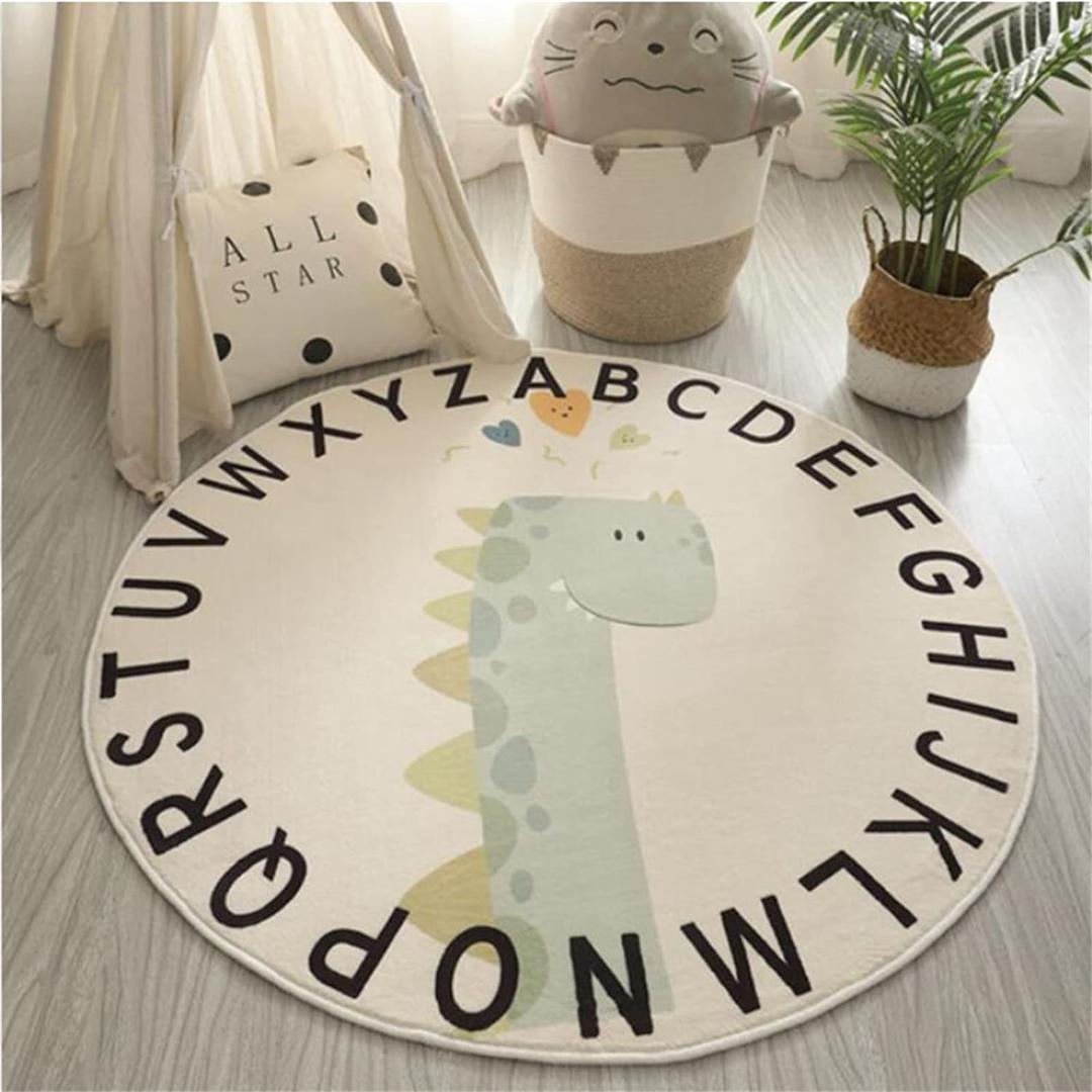 ABC Round Rug for Kids Soft Alphabet Nursery Area Rug Boys Girls Educational Learn Fun Rug Play Mat Baby Crawling Mat Carpet for Kids Room Bedroom Living Room Decor (Dinosaur, 47 inch) (3'11" (Round)