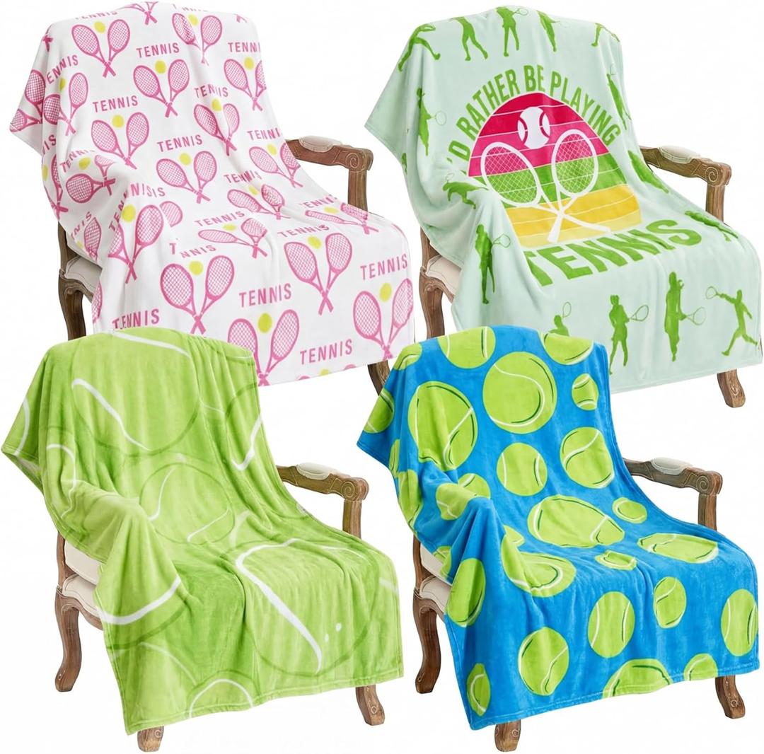 Newwiee 4 Pack Tennis Throw Blankets for Teens Adults Soft Flannel Fleece Sport Ball Blanket Team Gift for Tennis Lovers Players Coaches, 40"x50"
