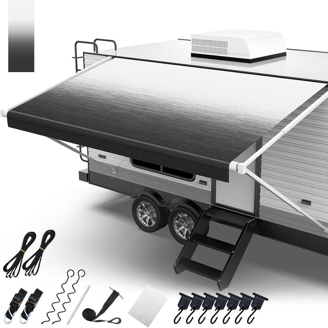 RV Awning Fabric Replacement, 19.5oz Heavy Duty Vinyl, with Tie Down Kits & 7 Hooks & Pull Strap for Trailer Camper Awning- 13'(Fabric 12'2"), Black Gray Fade