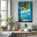 Vibrant vintage window canvas painting frame lemon tree branches with yellow fruits turquoise ocean waves white village red roofs in the distance scattered clouds coastal scenery tranquil home decor