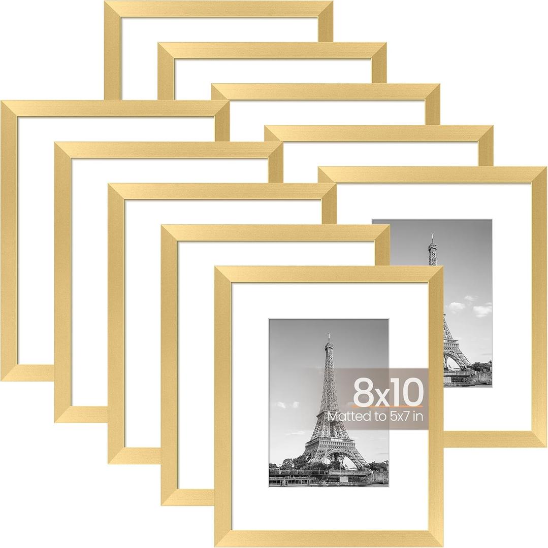 upsimples 8x10 Picture Frame Set of 10, Display Pictures 5x7 with Mat or 8x10 Without, Multi Photo Frames Collage for Wall or Tabletop Display, Gold