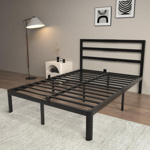 14 Inch Full Bed Frames, Metal Bed Frame with Head Board, No Box Spring Needed, Heavy Duty Steel, Anti-Slip Mattress Stoppers, Noise Free, Round Corner Legs, Easy Assembly, Black