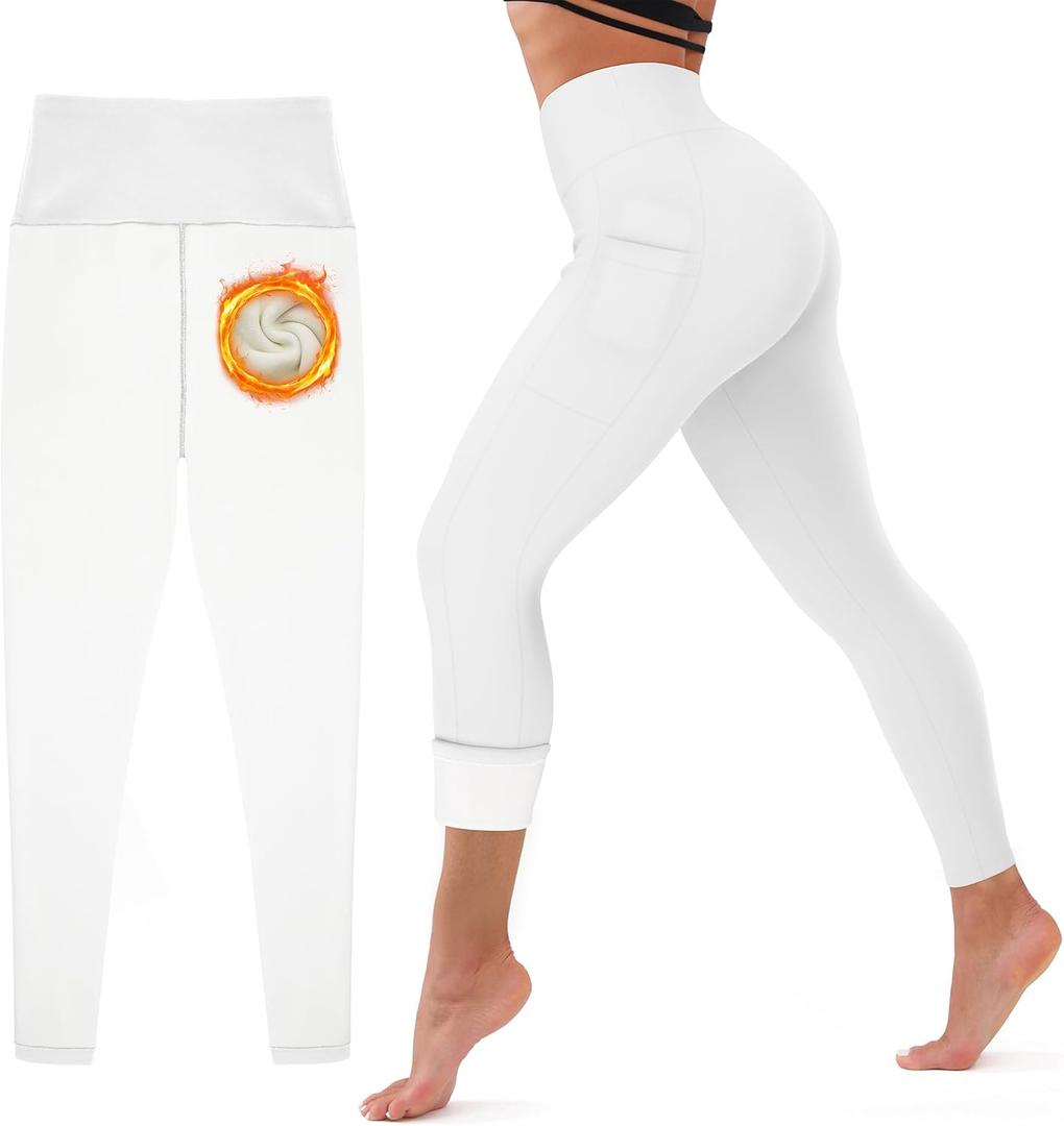 CHARMKING Women's Fleece Lined Thermal Leggings High Waisted Winter Yoga Pants with Pockets | Cold Weather Compression Tights (Medium, 04 White)