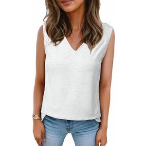 BLENCOT Casual Summer Tank Tops for Women Blouses Sleeveless Ruffled V Neck Loose Tshirts (White, L)