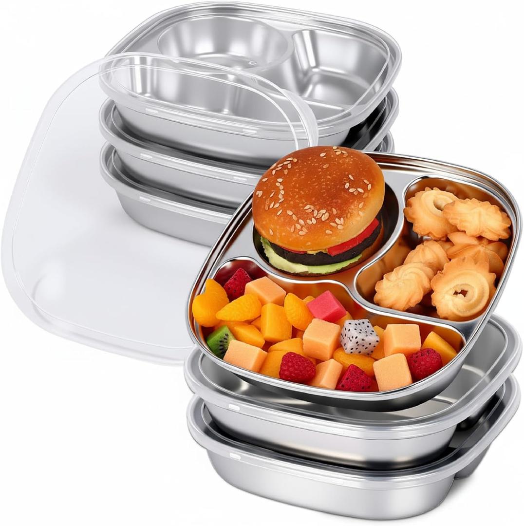 Potchen 6 Pack Stainless Steel Snack Containers with Lids, Reusable 4 Compartments Bento Boxes Snack Lunch Box for Divided Food Storage Container for Home Travel(Stylish)