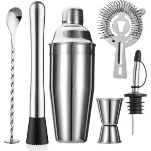 6-Piece Cocktail Shaker Set 24oz Shaker Strainer Muddler Jigger Mixing Spoon Pour Spout Bartender Kit Stainless Steel Bar Set Housewarming Gift