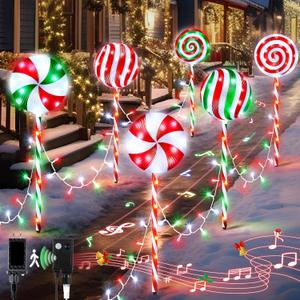 Christmas Lollipop Pathway Lights Outdoor, 27.5 Inch Peppermint Pathway Lights, Set of 6 Outdoor Christmas Decorations with 5 Modes and Music for Holiday Patio Yard Garden(Mixed Color)