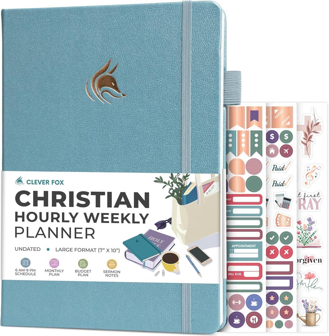 Clever Fox Christian Hourly Weekly Planner  Goal Setting Planner with Time Slots, Monthly Budget, Sermon Notes, Bible Reading Tracker (Aquamarine) (Large (7.0 x 10.0))
