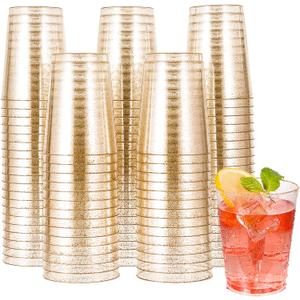 JOLLY CHEF 100 Pack 10 oz Gold Plastic Cups, Disposable Gold Glitter Cups, Clear Plastic Tumblers Perfect for Weddings, Christmas & Parties