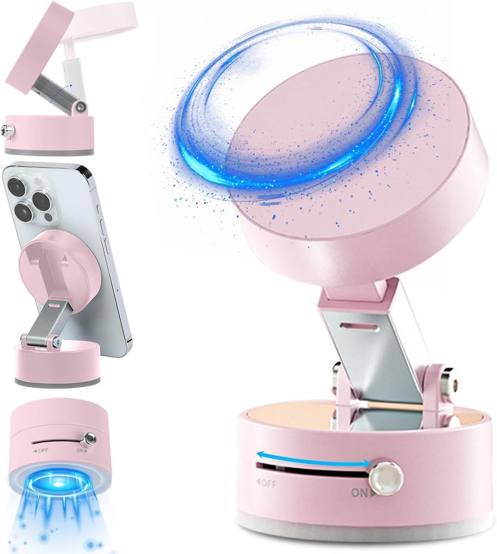 Vacuum Magnetic Suction Phone Holder, 2025 New Magnetic Suction Phone Mount Foldable and Retractable, 360 Rotation Hands-Free Magnetic Cell Phone Holder for Car Mirror & All Smooth Surface (Pink)