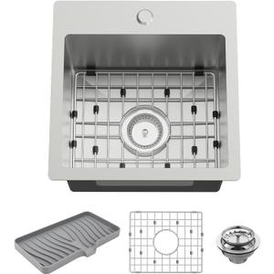 Small Kitchen Sink,15x15 Inch Bar Sink Stainless Steel Drop In Small Kitchen Sink Ideal Choice For Small Space Nice As Toprmount Prep Sink,RV Kitchen Sink With Bottom Grid,Soap Mat And Drain Assembly, 15x15x9 inches